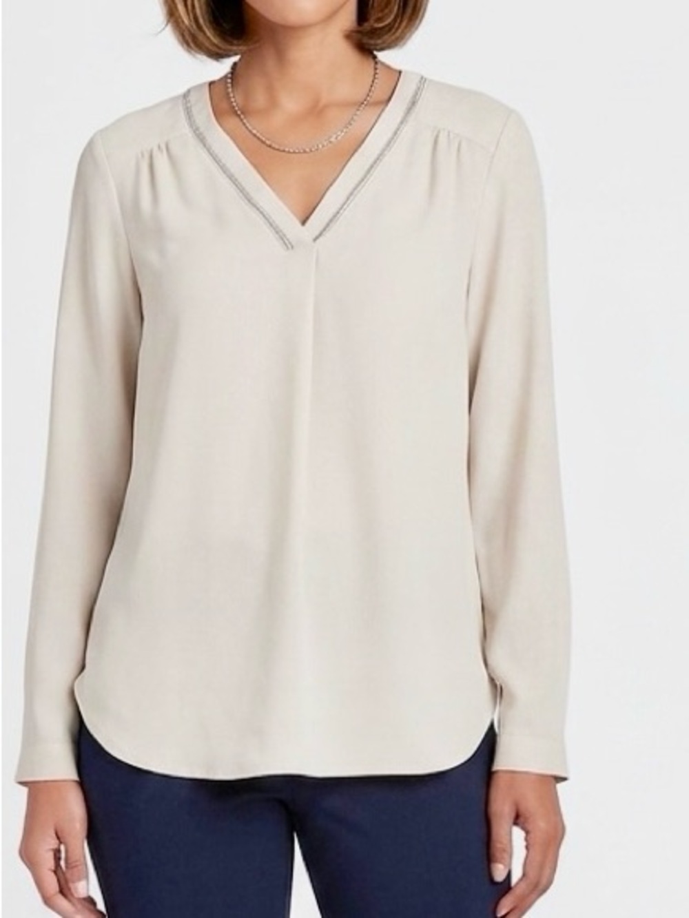 LIZ CLAIBORNE Cream & Silver V-Neck Long Sleeve Semi-Sheer Blouse Women’s Top